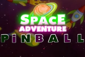 Texten Space Adventure Pinball mot en rymdbakgrund med planeter och raketer