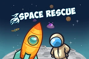 Rymdraket och astronaut står på en månliknande yta med planeter och texten Space Rescue ovanför
