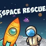 Rymdraket och astronaut står på en månliknande yta med planeter och texten Space Rescue ovanför