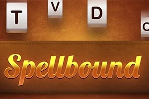 Bokstäver och ordet Spellbound i gyllene text på en brun bakgrund