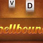 Bokstäver och ordet Spellbound i gyllene text på en brun bakgrund