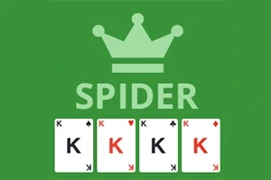 Grön bakgrund med ordet Spider under en krona och fyra spelkort med Kungar (K)