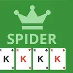 Grön bakgrund med ordet Spider under en krona och fyra spelkort med Kungar (K)