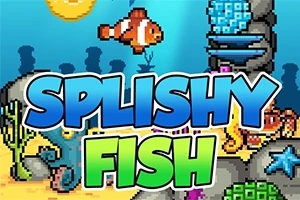 Tecknad bild av en clownfisk under vatten med texten Splishy Fish i förgrunden