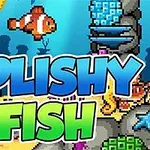 Tecknad bild av en clownfisk under vatten med texten Splishy Fish i förgrunden