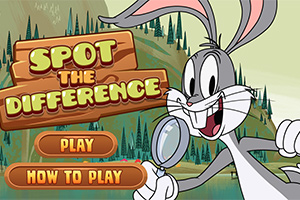 Tecknad kanin med förstoringsglas och träskylt med texten Spot the Difference, samt två knappar märkta Play och How to Play