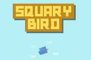 Texten SQUARY BIRD i stora bokstäver över en animerad blå fågel på en ljusblå bakgrund