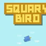 Texten SQUARY BIRD i stora bokstäver över en animerad blå fågel på en ljusblå bakgrund