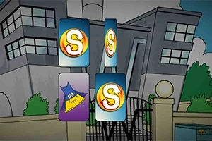 Tecknad bild av flera spelkort framför en modern byggnad och grind