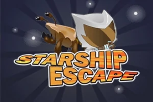 Tecknad figur med hjälm och antenner ovanför texten Starship Escape på en mörk bakgrund med ljuspunkter
