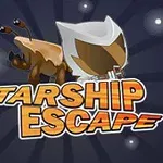 Tecknad figur med hjälm och antenner ovanför texten Starship Escape på en mörk bakgrund med ljuspunkter
