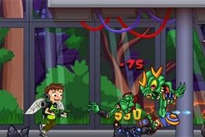 Ett barn med jetpack bekämpar en grön monsterfigur inomhus framför ett fönster med träd i bakgrunden