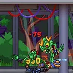 Ett barn med jetpack bekämpar en grön monsterfigur inomhus framför ett fönster med träd i bakgrunden