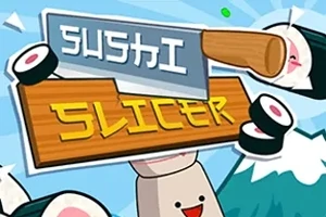 En tecknad bild med sushi-rullar som flyger runt och en stor kniv ovanför texten Sushi Slicer