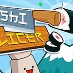 En tecknad bild med sushi-rullar som flyger runt och en stor kniv ovanför texten Sushi Slicer