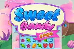 Färgglad illustration med texten Sweet Candy Saga över ett spelbräde med godisbitar och ett fantasifullt landskap i bakgrunden