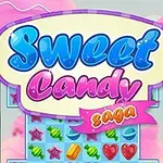 Färgglad illustration med texten Sweet Candy Saga över ett spelbräde med godisbitar och ett fantasifullt landskap i bakgrunden