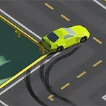 En gul bil glider runt en kurva och lämnar svarta däckspår på asfalten på en väg med räcken