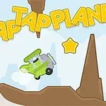 Grönt flygplan flyger genom en tecknad värld med gula stjärnor och bruna klippor, med texten TAP TAP PLANE ovanför