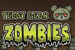 Tecknad bild av zombiemjukisdjur med texten Teddy Bear Zombies i grön, droppande stil