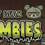 Tecknad bild av zombiemjukisdjur med texten Teddy Bear Zombies i grön, droppande stil