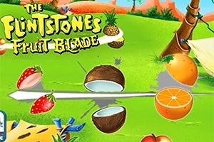 Färgglada frukter som jordgubbar, kokosnöt och apelsin svävar ovanför en grön bakgrund med en snittlinje genom dem