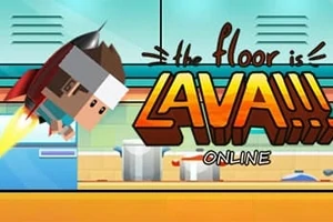 Animerad figur med raketryggsäck flyger över ett kökslandskap med stora bokstäver som säger the floor is LAVA!