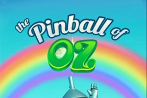 Texten The Pinball of Oz i färgglad stil med en regnbåge i bakgrunden