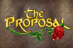 Texten The Proposal i guld med en röd ros och gröna blad mot en mönstrad bakgrund