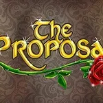 Texten The Proposal i guld med en röd ros och gröna blad mot en mönstrad bakgrund