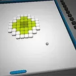 3D-rendering av ett spelbräde med vita och gröna kuber i mitten, en liten boll, och en blå plattform längst ner