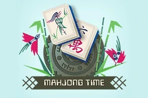 Två mahjongbrickor med traditionella mönster, omgivna av stiliserade fåglar och bambu med texten Mahjong Time
