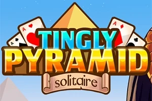 Texten Tingly Pyramid Solitaire med spelkort och en pyramid i bakgrunden