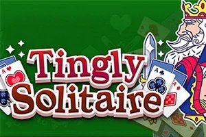 Texten Tingly Solitaire i röd och vit stil med spelkort och en tecknad kung på en grön bakgrund