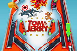 Tom och Jerry hoppar på en färgglad pinballbana med en måltavla och pilar