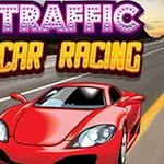Röd sportbil på en landsväg med texten Traffic Car Racing ovanför