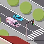 En tecknad väg med en rosa skåpbil och en blå bil, trafikljus och gröna träd vid sidan av