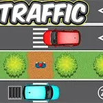 Tecknad bild av två bilar på en väg med en grönskande mittenremsa och övergångsställe, med texten TRAFFIC i stor stil högst upp