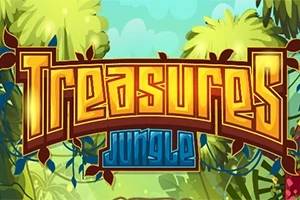 Texten Treasures Jungle i gul och blå med djungelbakgrund
