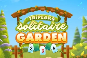 En färgglad skylt med texten Tripeaks Solitaire Garden omgiven av blommor och träd under en blå himmel
