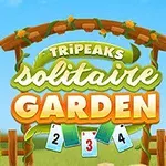 En färgglad skylt med texten Tripeaks Solitaire Garden omgiven av blommor och träd under en blå himmel
