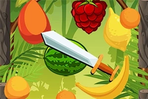 Olika frukter och ett svärd mot en grön bakgrund