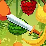 Olika frukter och ett svärd mot en grön bakgrund