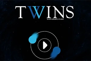 Titeltext TWINS mot en mörk bakgrund med en central spelknapp och två blå lysande cirklar som kretsar runt den