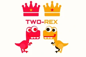 Två tecknade dinosaurier, en röd och en gul, med kronor ovanför och texten TWO-REX emellan dem