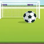 En animerad fotbollsplan med ett mål och en fotboll framför