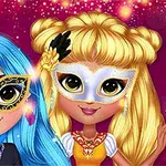 Två tecknade figurer med blått och blont hår bär masker och har en glittrande bakgrund