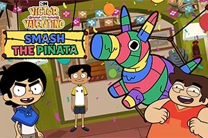 Färgglad tecknad scen med barn som leker med en piñata i ett festligt dekorerat rum