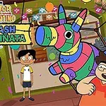 Färgglad tecknad scen med barn som leker med en piñata i ett festligt dekorerat rum