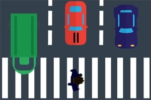 En tecknad bild av en fågel som går över ett övergångsställe med bilar och en buss på vägen